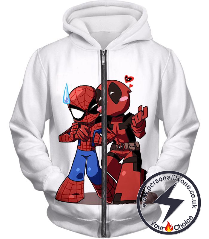 Marvel Heroes Deadpool and Spiderman Funny Figures White Zip Up Hoodie